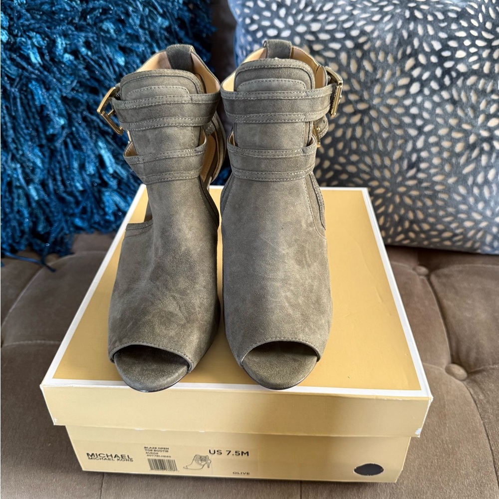 Michael Kors Blaze Open-Toe Suede High-Heel Booties Brown Olive Green Sz. 7.5